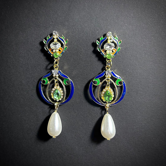 Art Nouveau Enamel & Teardrop Pearl Gold Statement Earrings