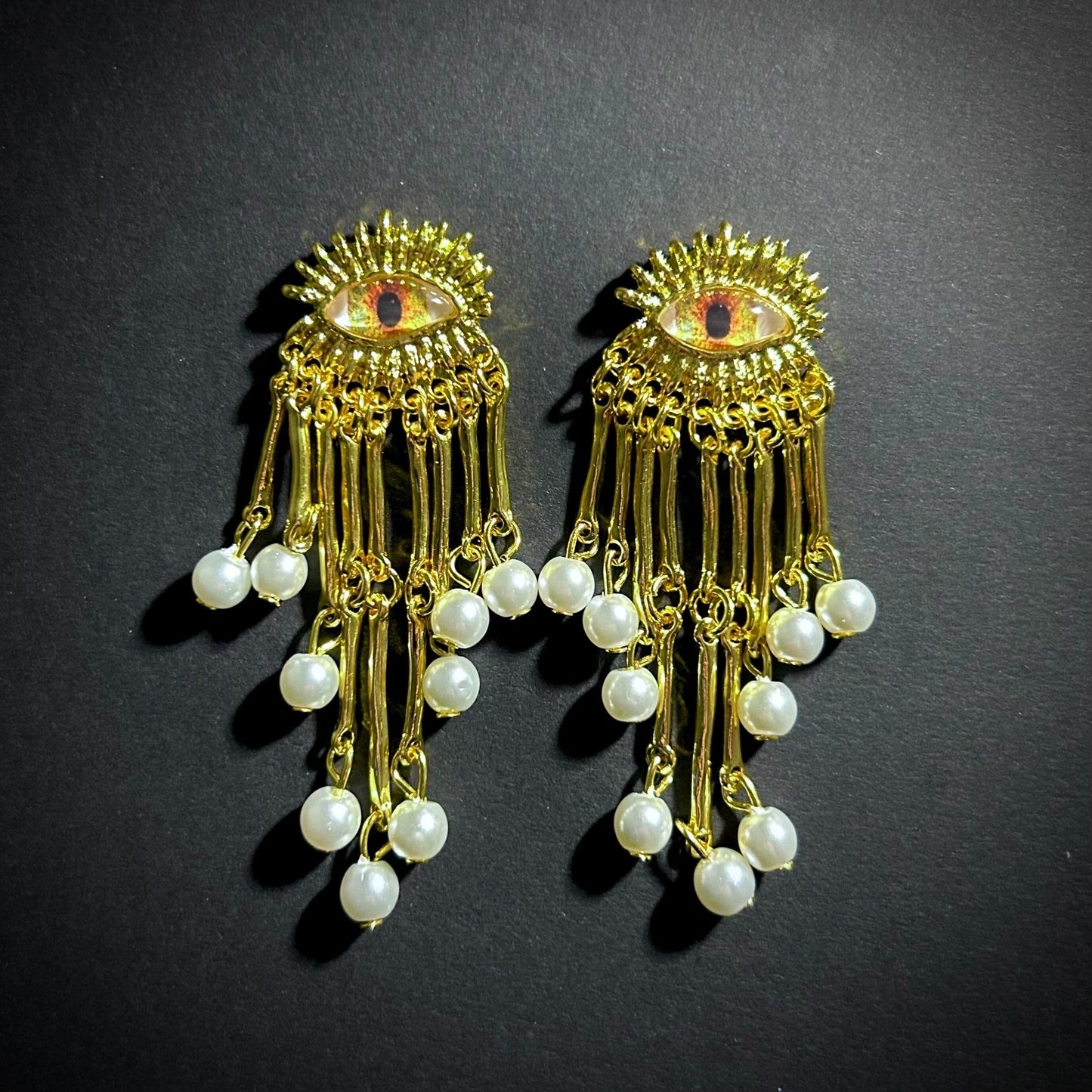 Golden Eyes & Pearls Fringe Gold Surrealist Earrings