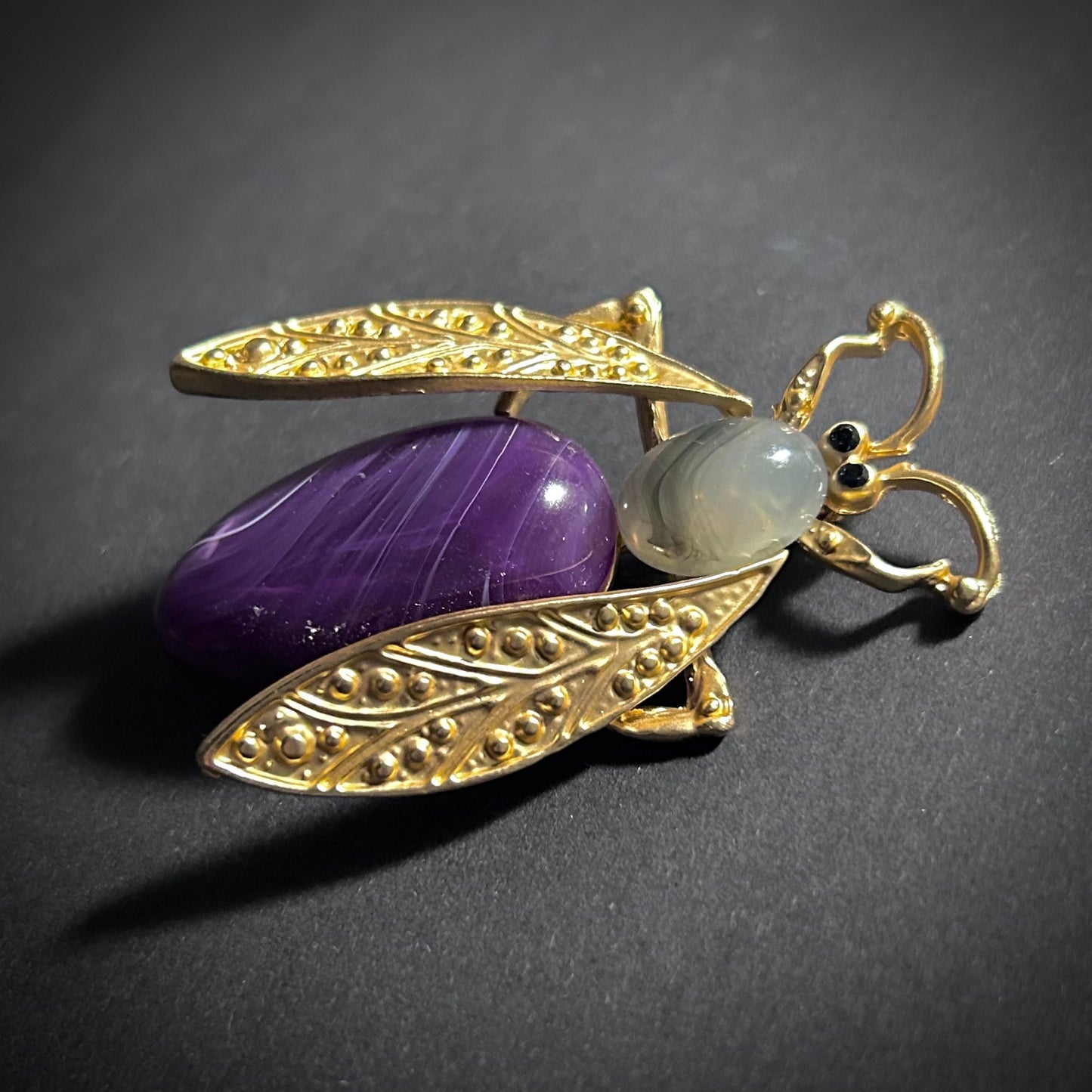 Bee Brooch in Gold with Gray & Deep Purple Resin Stones