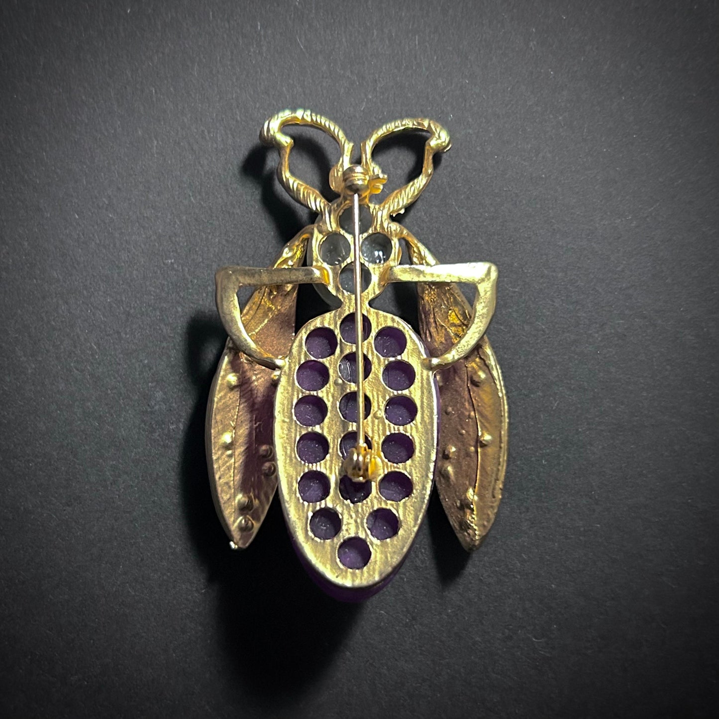 Bee Brooch in Gold with Gray & Deep Purple Resin Stones