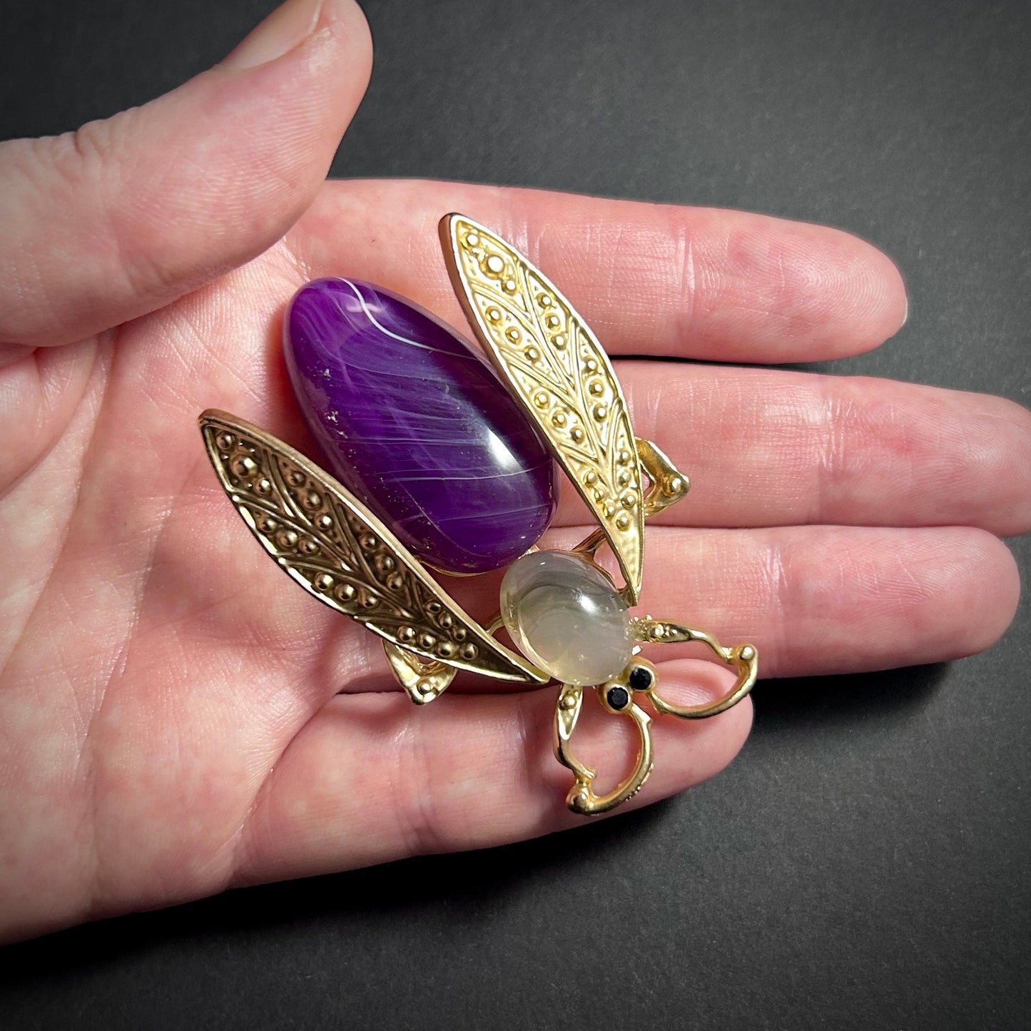 Bee Brooch in Gold with Gray & Deep Purple Resin Stones