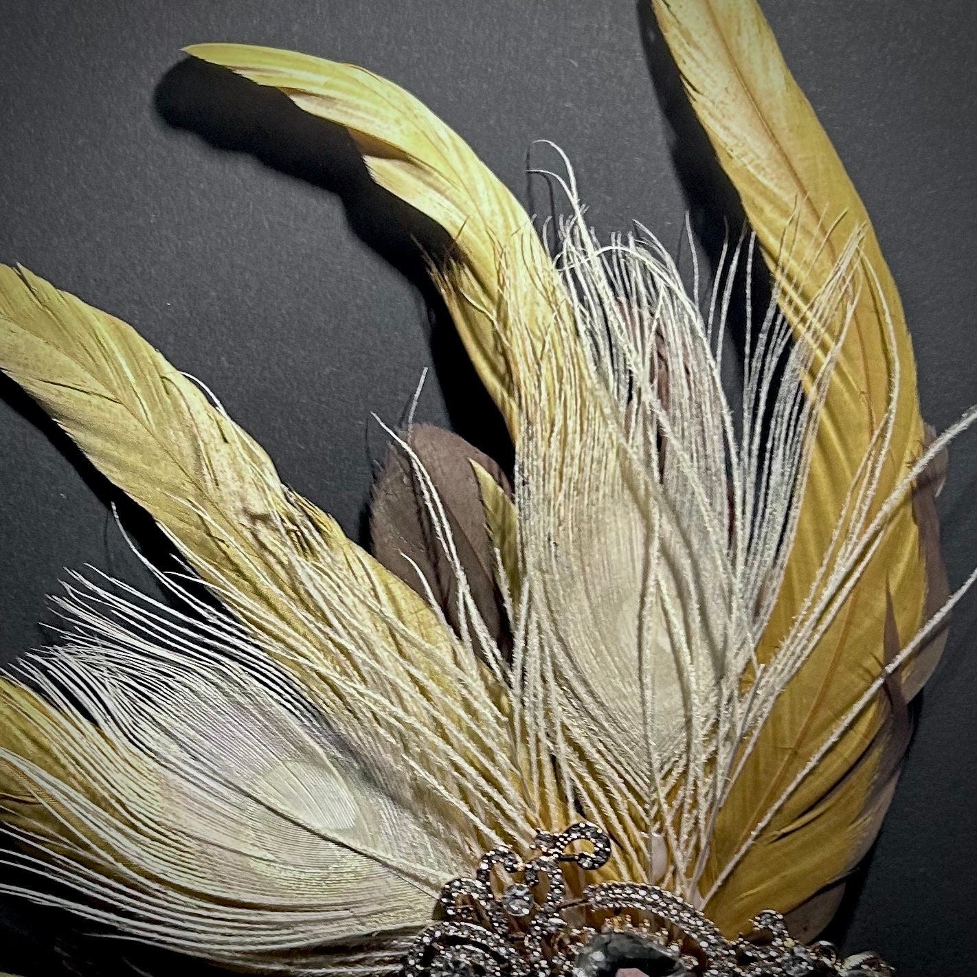 Large Feather & Rhinestone Hair Clip/Fascinator in Golden and White Peacock Feathers