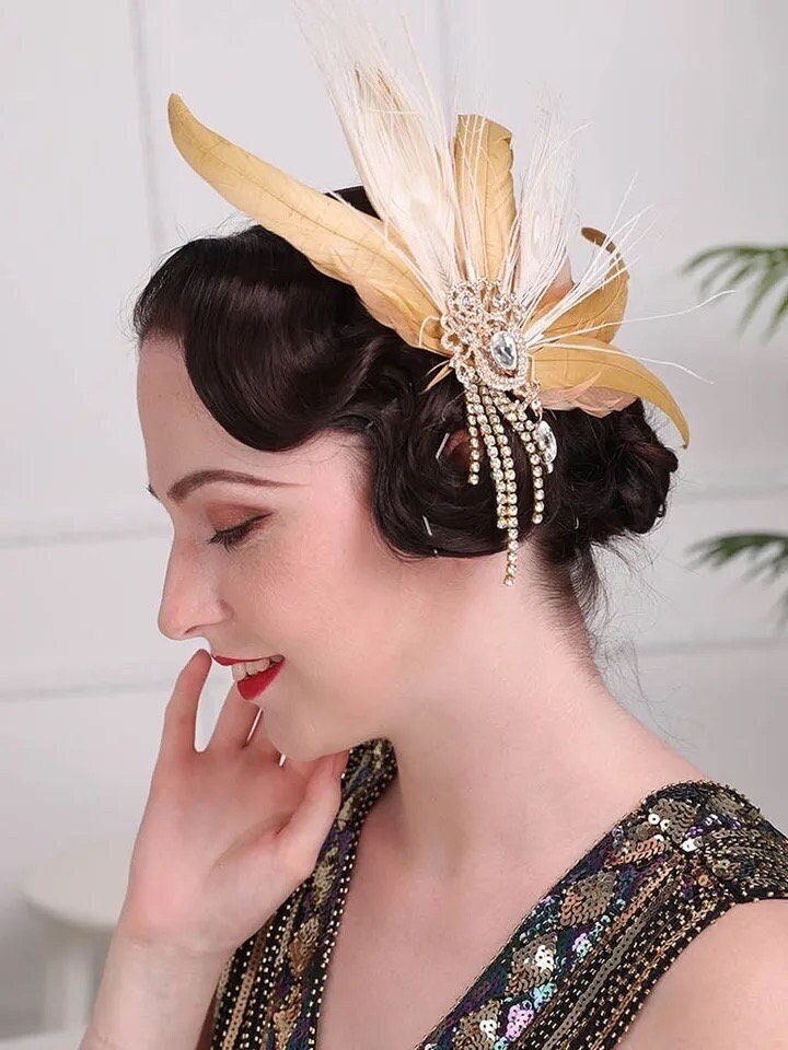 Large Feather & Rhinestone Hair Clip/Fascinator in Golden and White Peacock Feathers