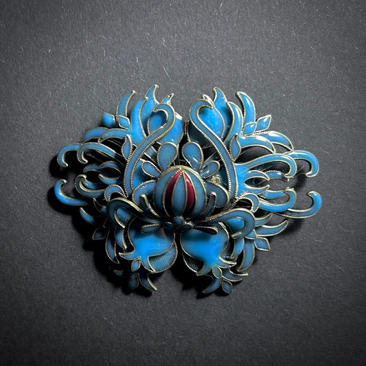 Art Nouveau Intricate Turquoise Enamel & Gold Brooch