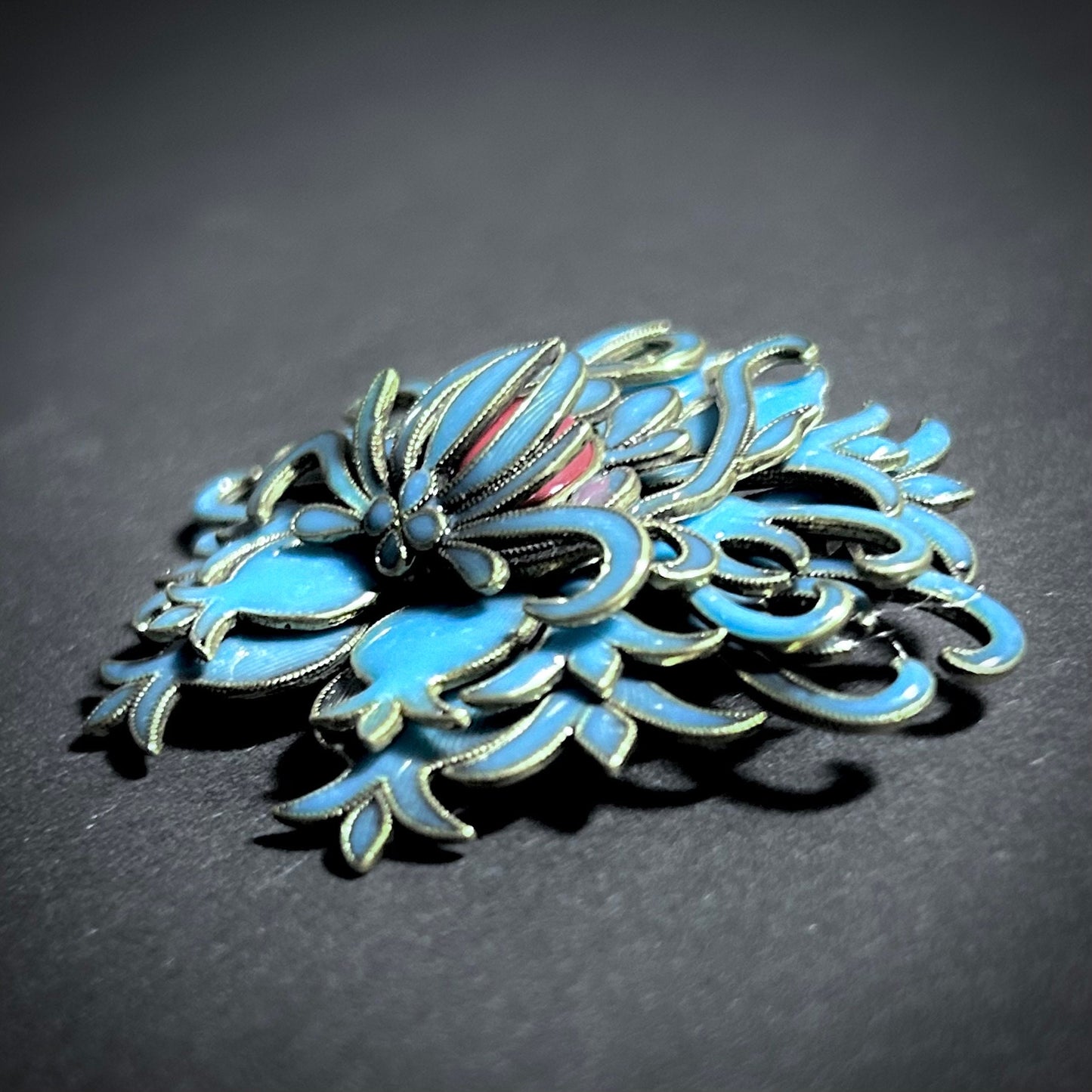 Art Nouveau Intricate Turquoise Enamel & Gold Brooch