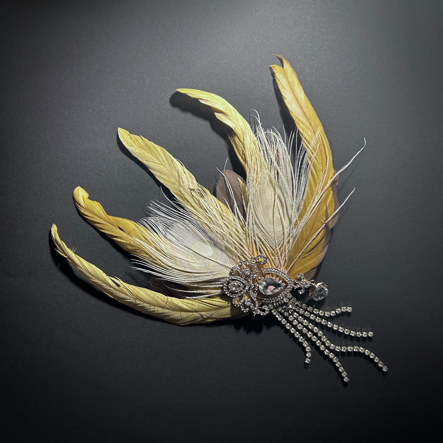 Large Feather & Rhinestone Hair Clip/Fascinator in Golden and White Peacock Feathers