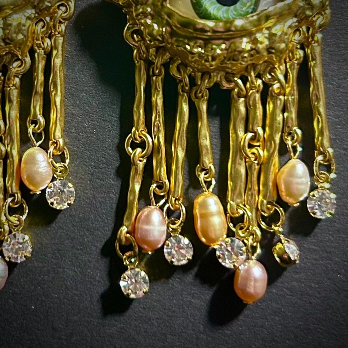 Green Eyes & Baroque Pearl Gold Fringe Surrealist Earrings