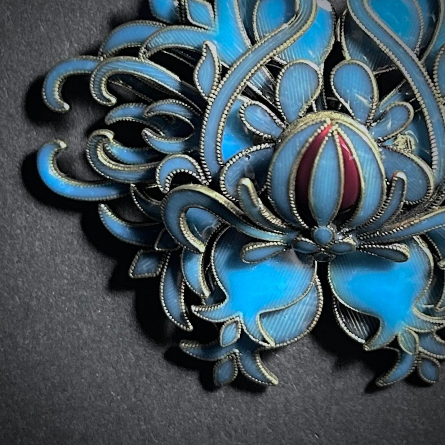 Art Nouveau Intricate Turquoise Enamel & Gold Brooch