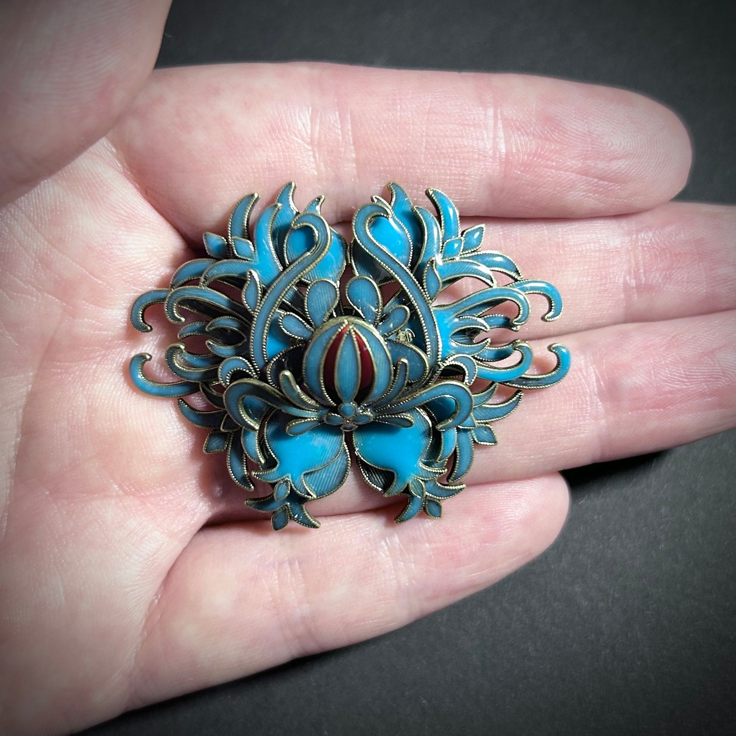 Art Nouveau Intricate Turquoise Enamel & Gold Brooch