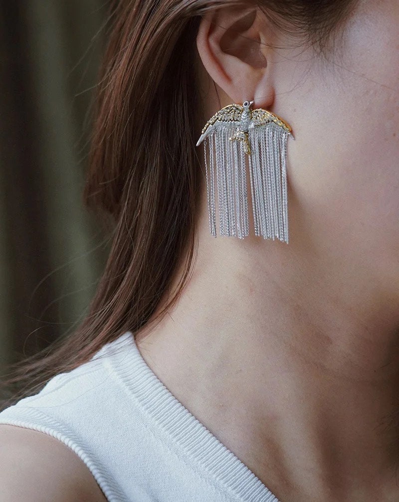 Bird & Metal Chain Fringe Silver & Gold Statement Earrings