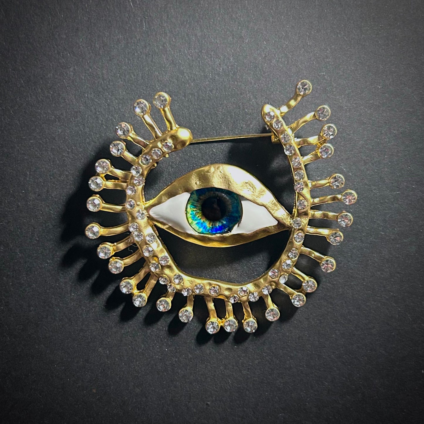 Blue Eye & Rhinestone Radiant Gold Surrealist Brooch