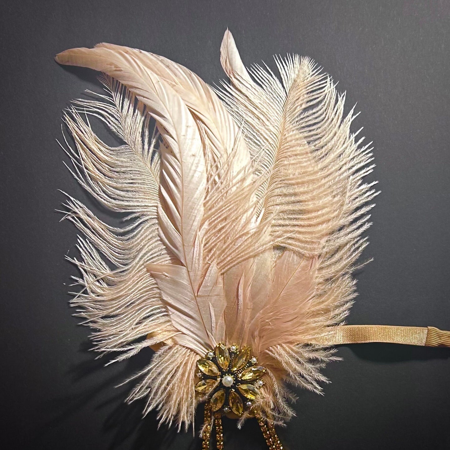 Light Pink Feather & Golden Rhinestone Headpiece/Headband