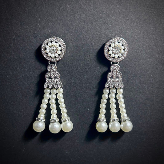 White Pearl & Rhinestone Tassel Earrings in Silver