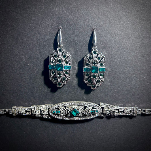 Art Deco Emerald & Silver Small Jewelry Set