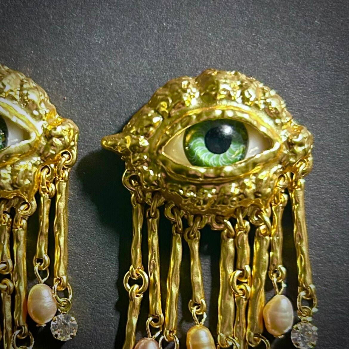 Green Eyes & Baroque Pearl Gold Fringe Surrealist Earrings