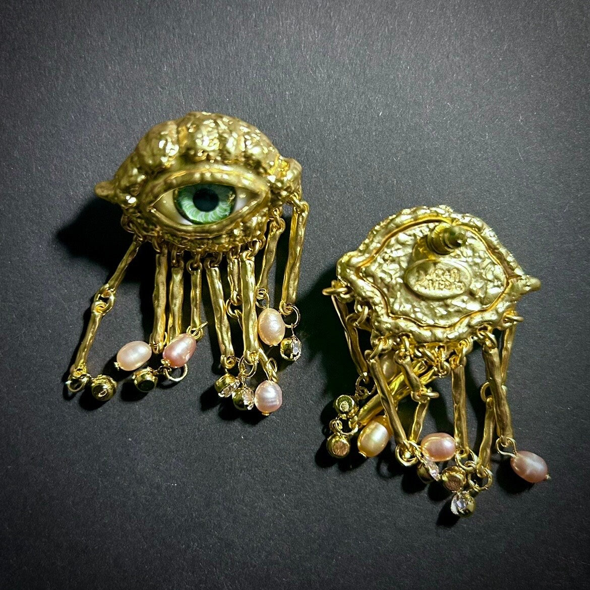 Green Eyes & Baroque Pearl Gold Fringe Surrealist Earrings