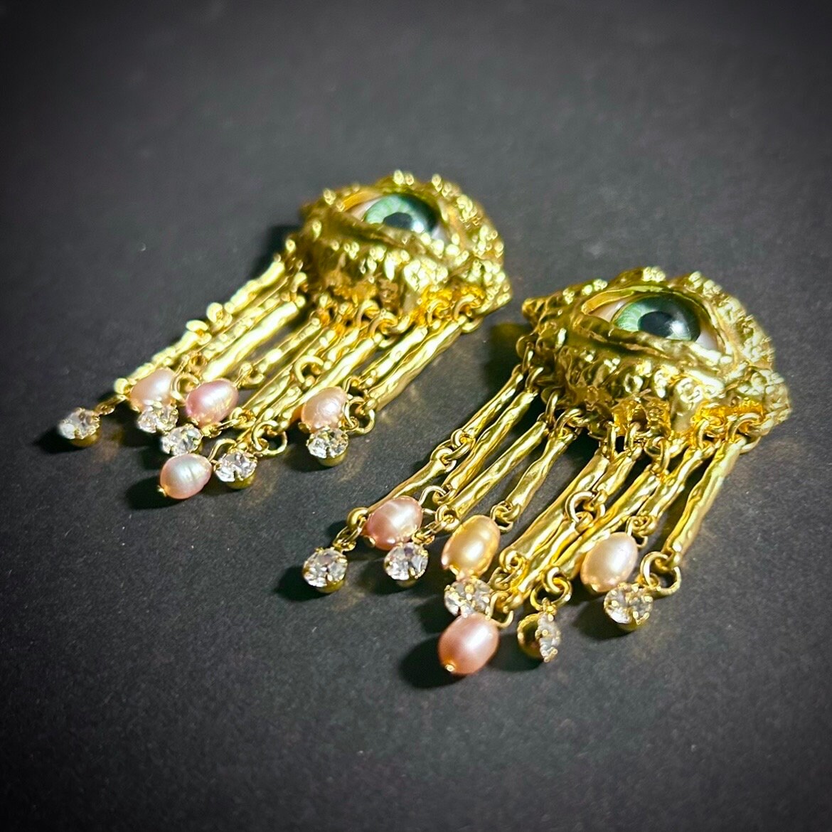 Green Eyes & Baroque Pearl Gold Fringe Surrealist Earrings