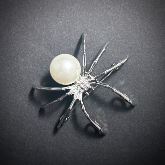 Spider Brooch & Pendant in Silver, White Pearl and Rhinestones