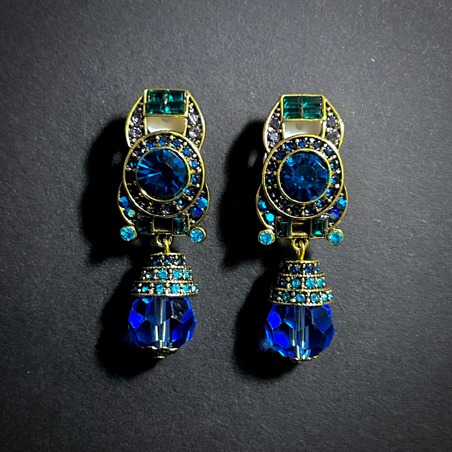 Art Deco Emerald, Blue & Gold Clip-On Earrings