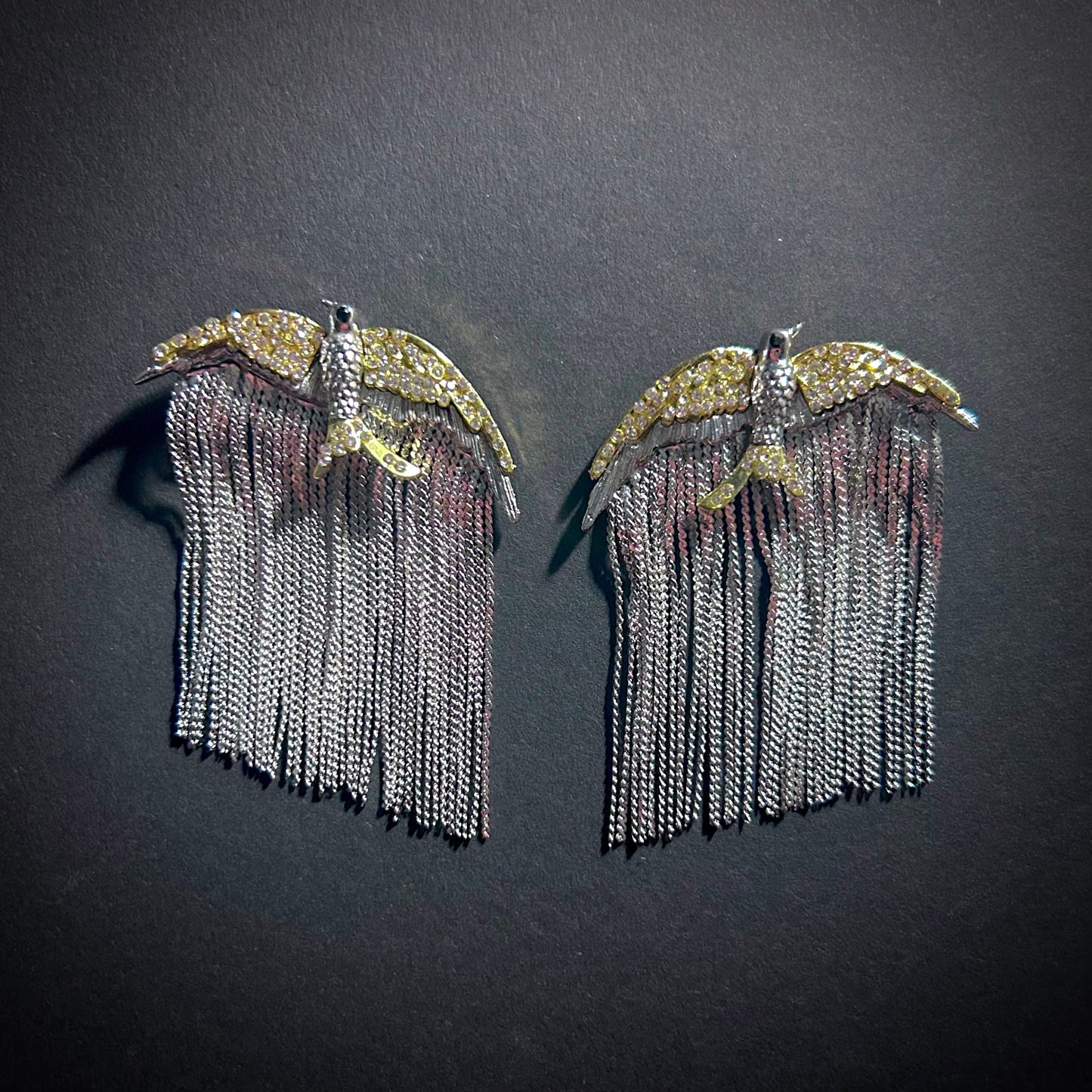 Bird & Metal Chain Fringe Silver & Gold Statement Earrings