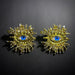 Blue Eyes & Rhinestones Broad Fringe Large Gold Surrealist Earrings