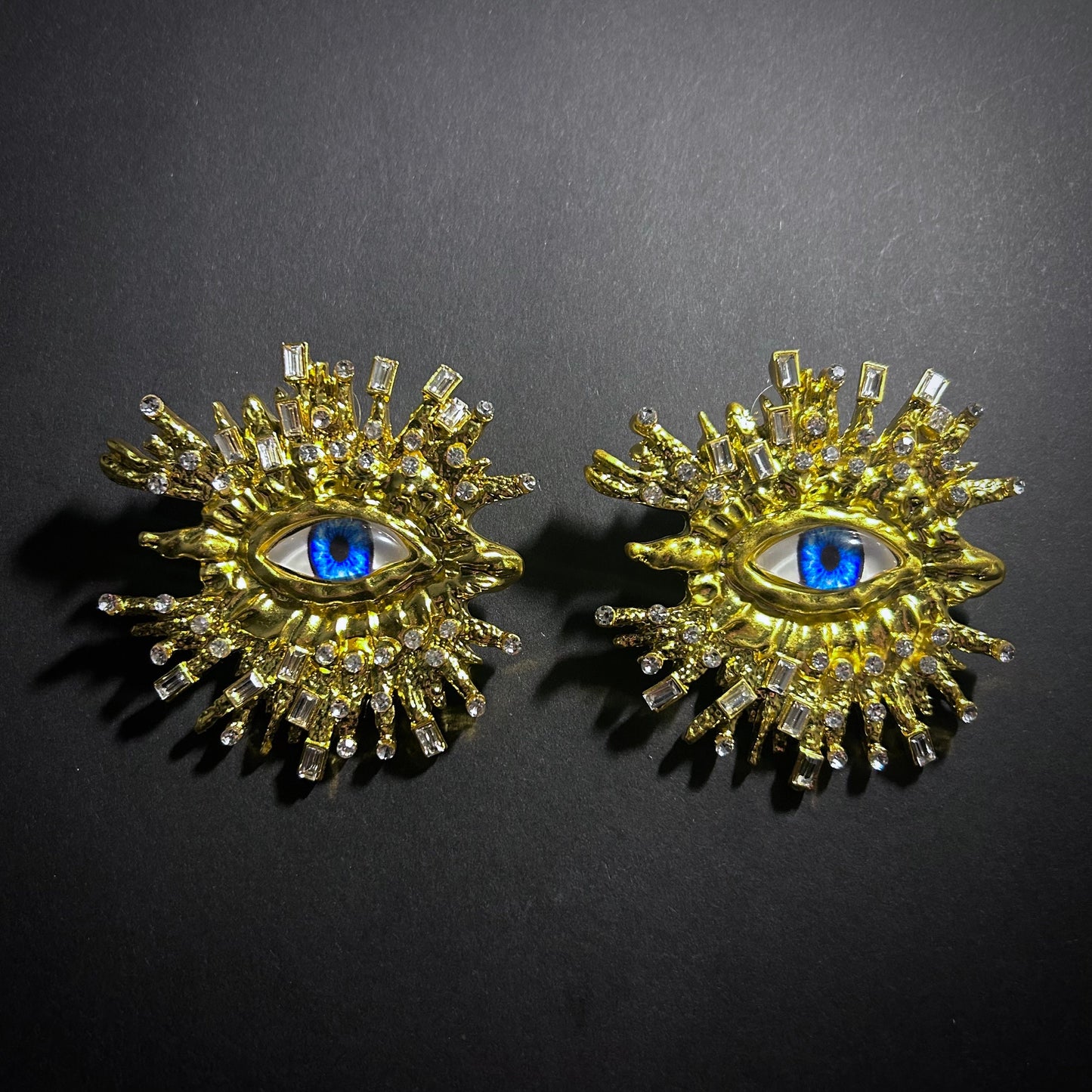 Blue Eyes & Rhinestones Broad Fringe Large Gold Surrealist Earrings