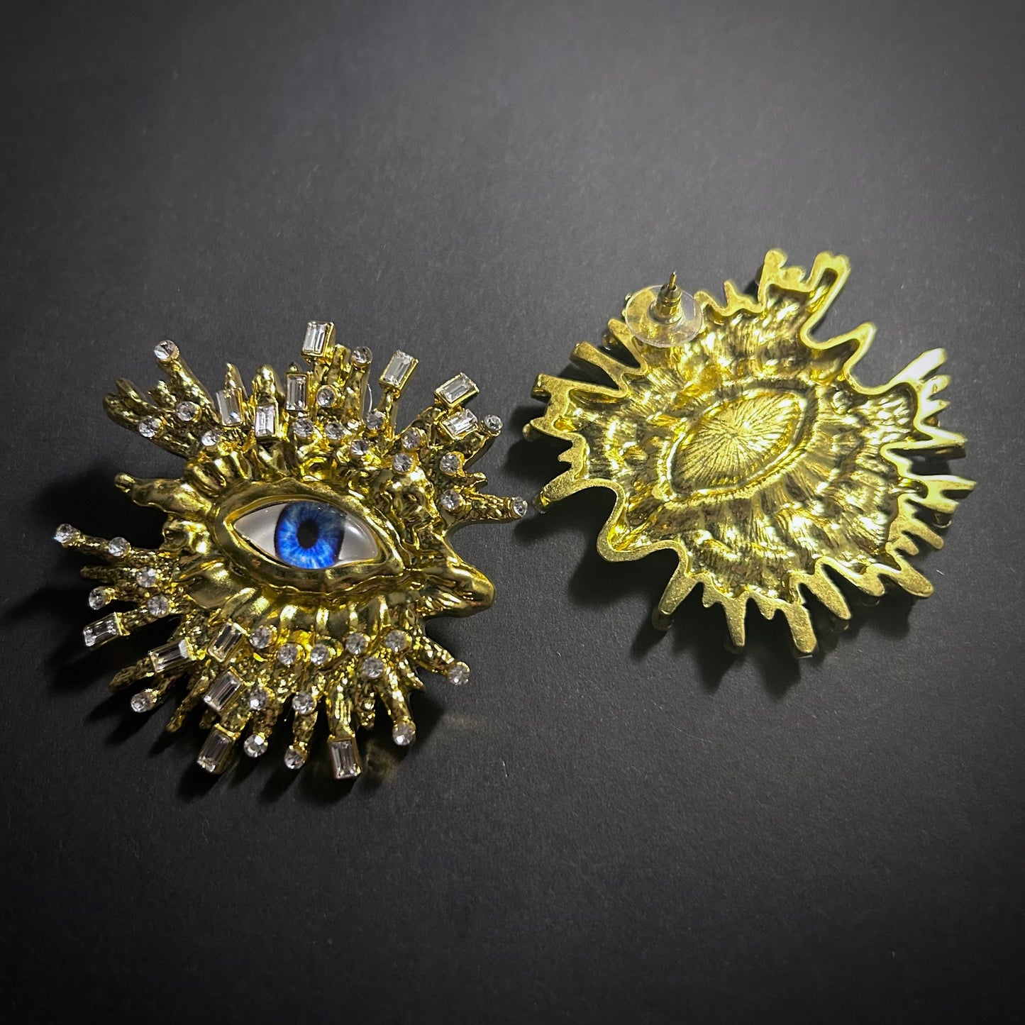 Blue Eyes & Rhinestones Broad Fringe Large Gold Surrealist Earrings