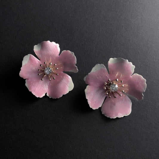 Flower Painted Enamel Earrings in Pink