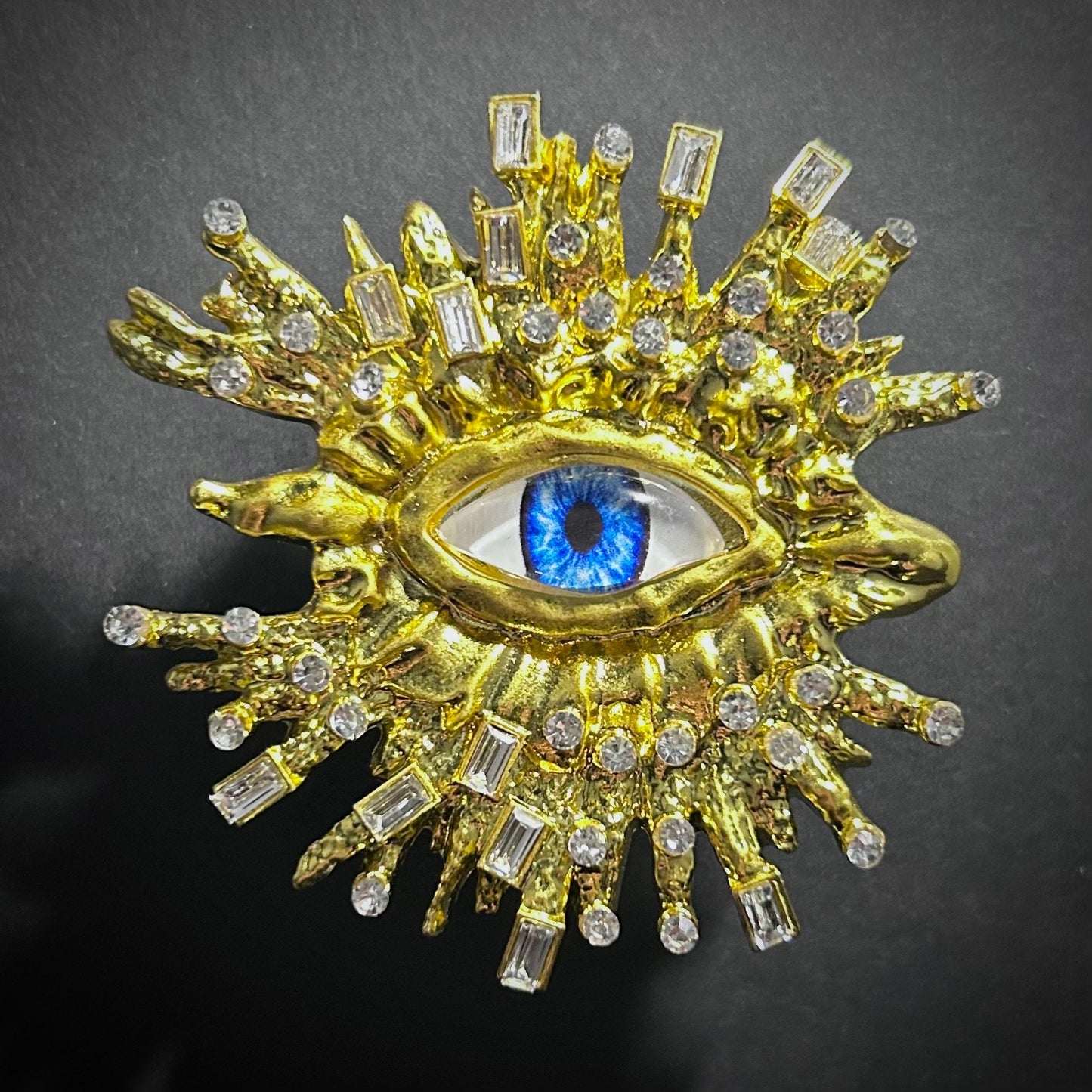 Blue Eye & Rhinestone Broad Fringe Large Gold Adjustable Surrealist Ring