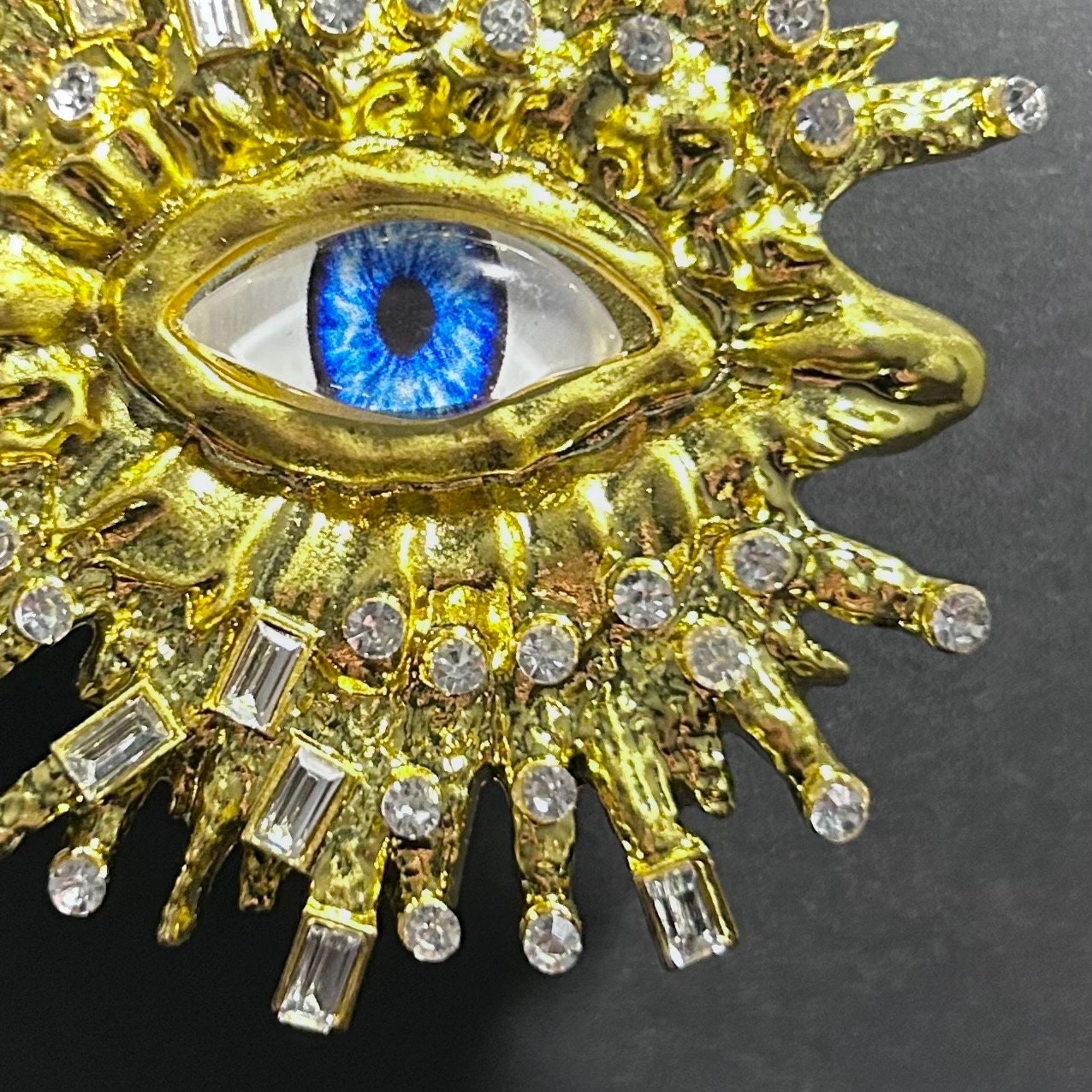 Blue Eye & Rhinestone Broad Fringe Large Gold Adjustable Surrealist Ring