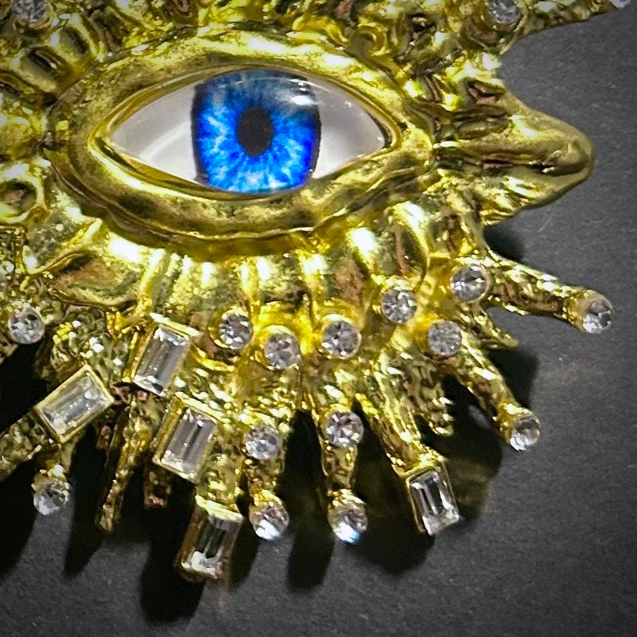 Blue Eyes & Rhinestones Broad Fringe Large Gold Surrealist Earrings