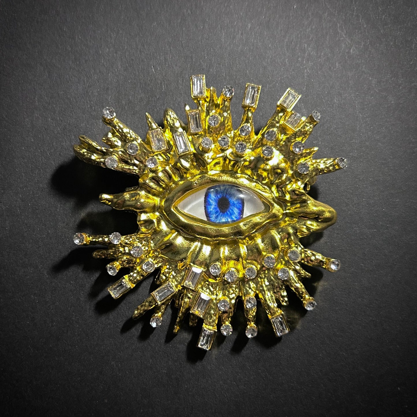 Blue Eye & Rhinestone Broad Fringe Large Gold Surrealist Brooch