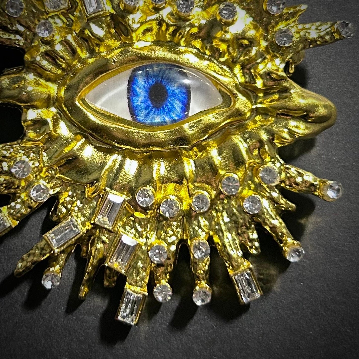 Blue Eye & Rhinestone Broad Fringe Large Gold Surrealist Brooch