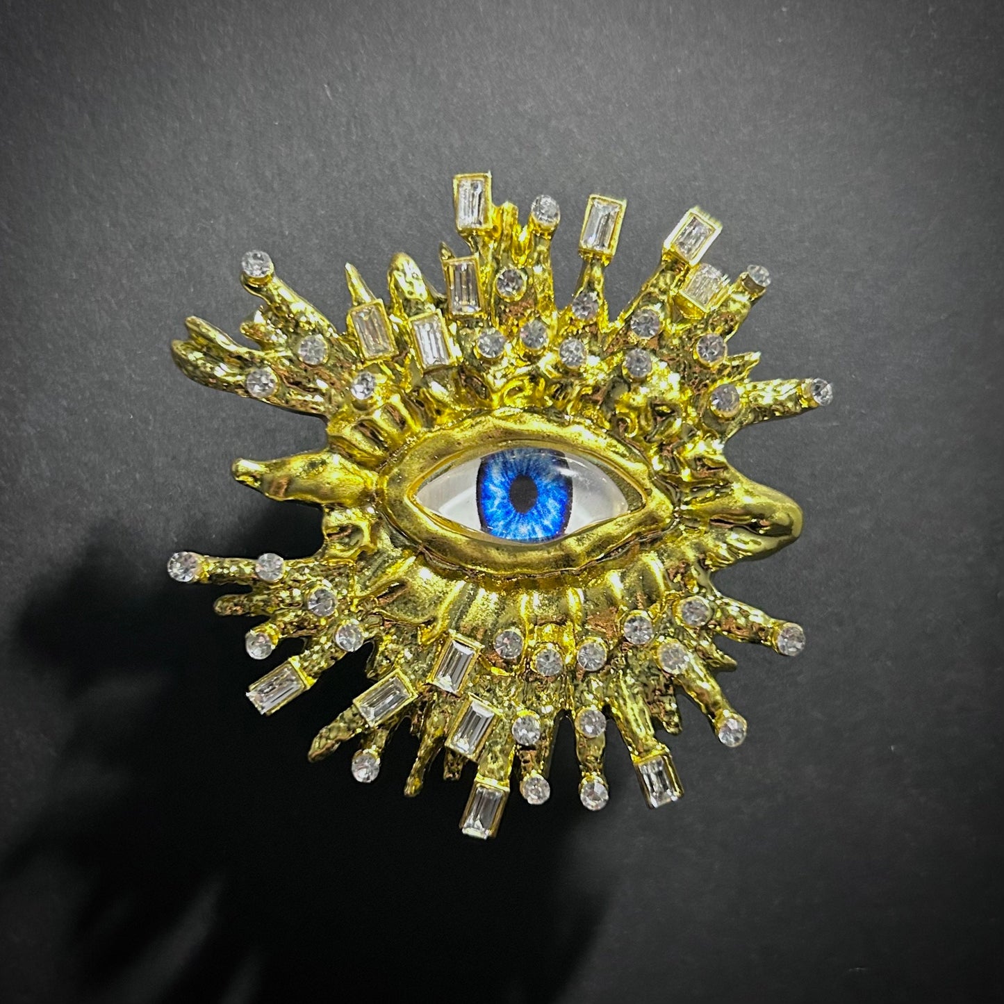 Blue Eye & Rhinestone Broad Fringe Large Gold Adjustable Surrealist Ring