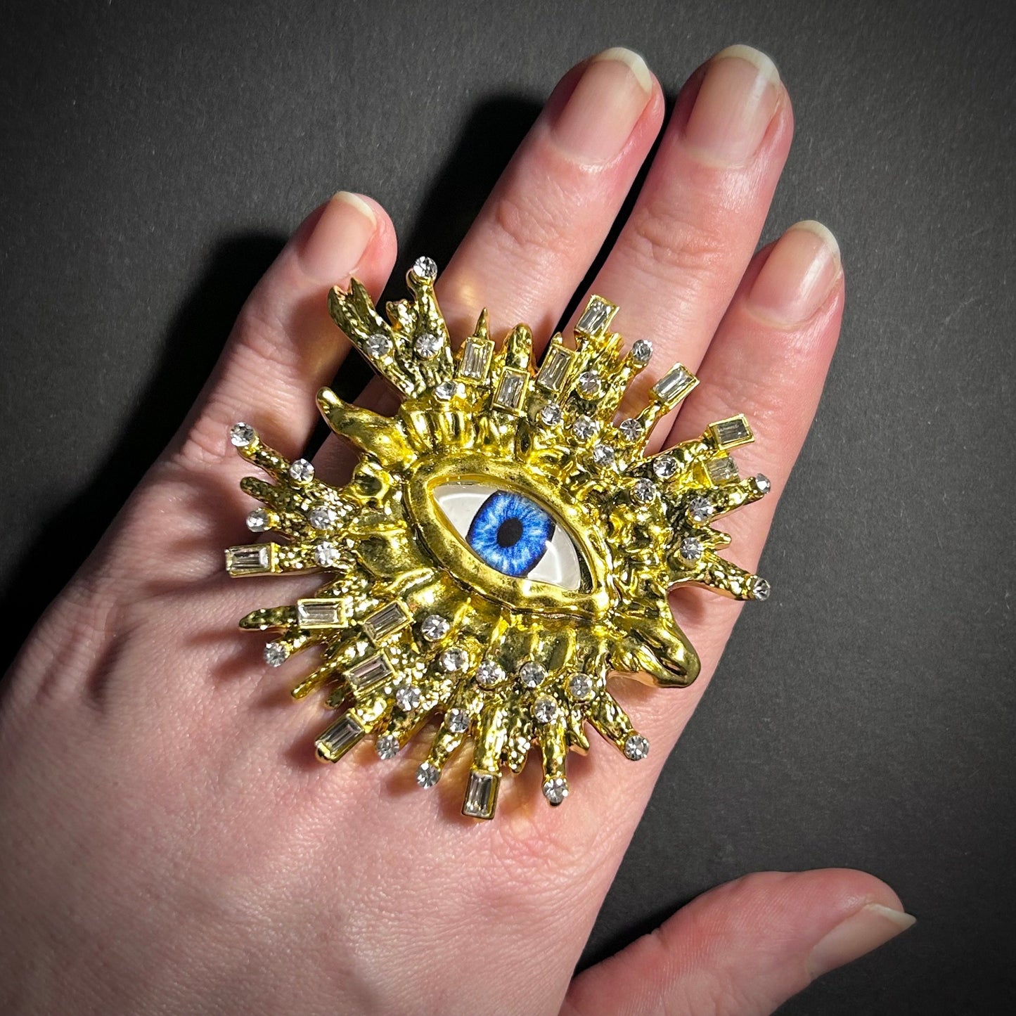 Blue Eye & Rhinestone Broad Fringe Large Gold Adjustable Surrealist Ring