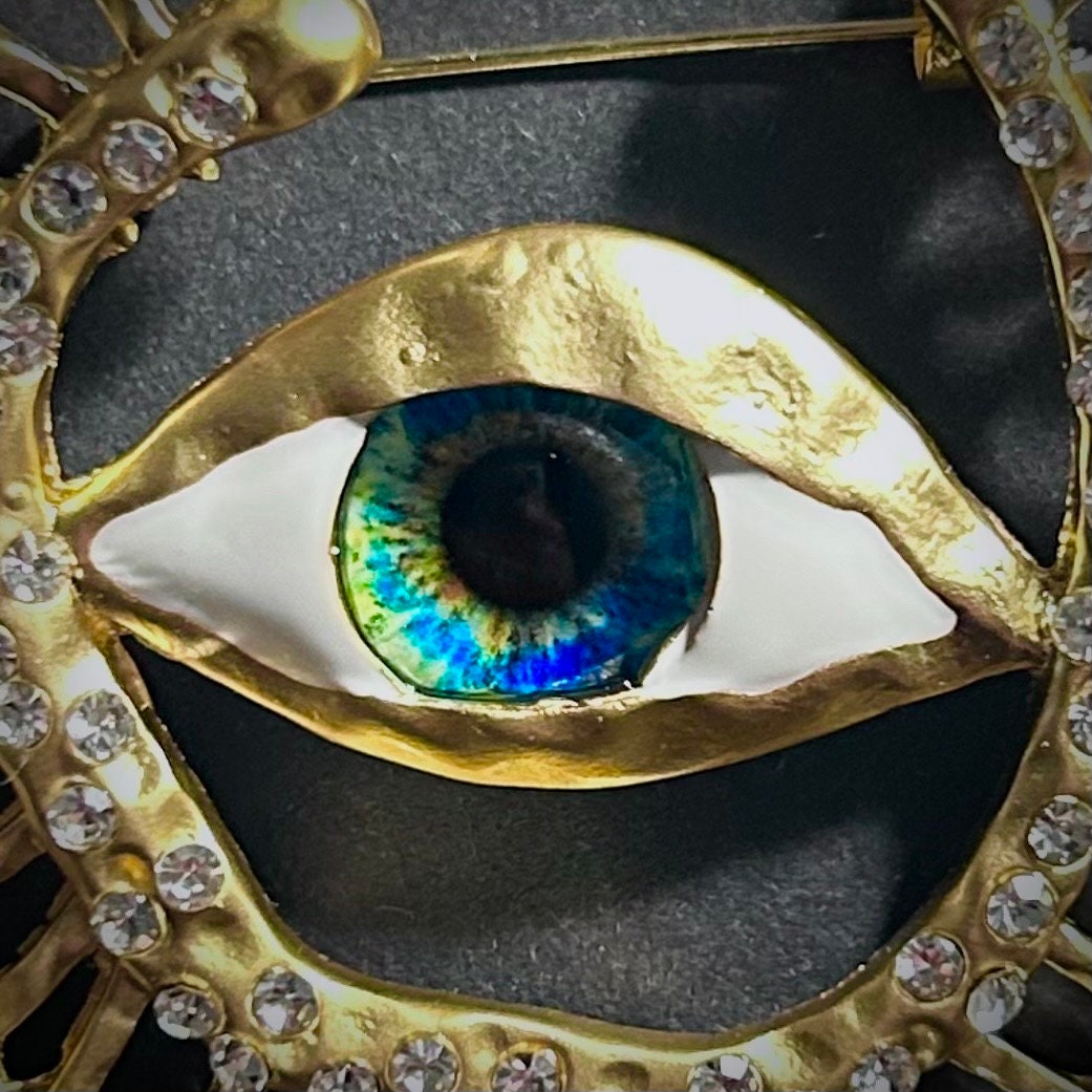 Blue Eye & Rhinestone Radiant Gold Surrealist Brooch