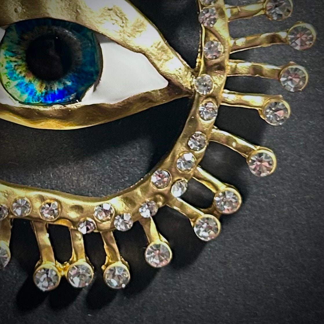 Blue Eye & Rhinestone Radiant Gold Surrealist Brooch