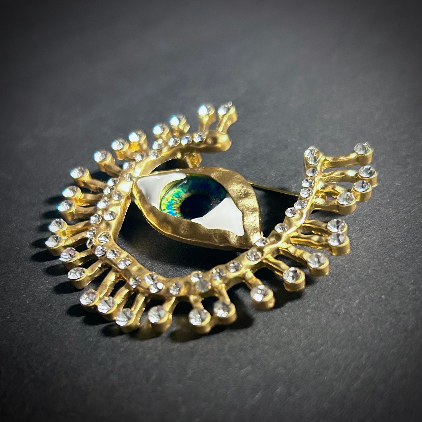 Blue Eye & Rhinestone Radiant Gold Surrealist Brooch