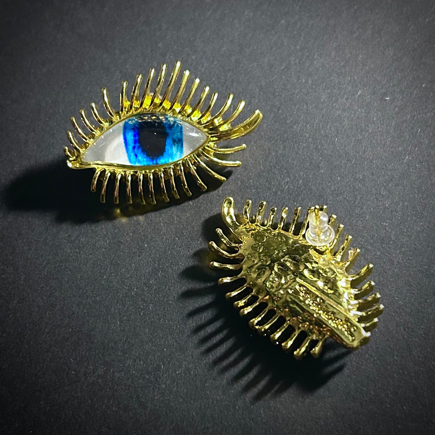 Blue Eyes & Golden Eyelashes Stud Statement Earrings