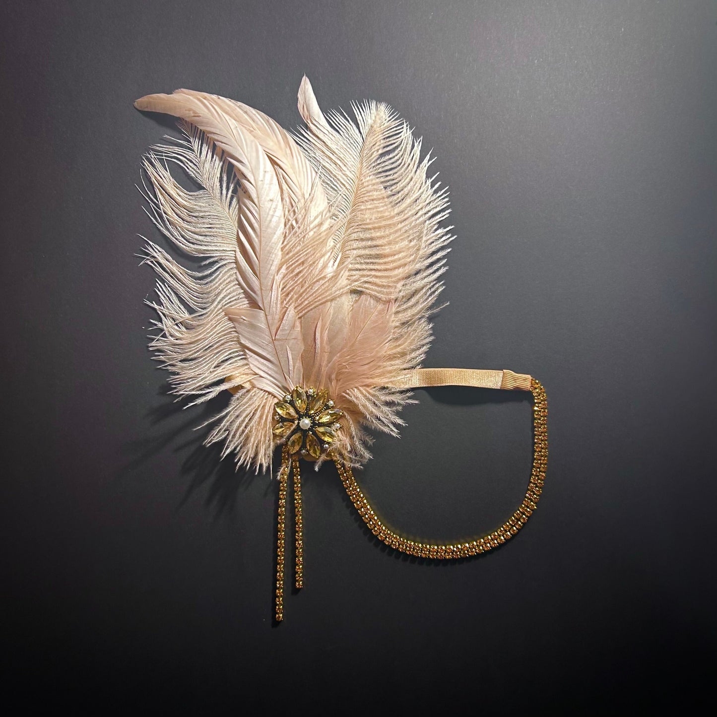 Light Pink Feather & Golden Rhinestone Headpiece/Headband