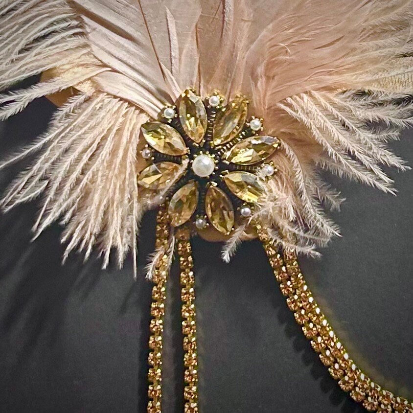 Light Pink Feather & Golden Rhinestone Headpiece/Headband