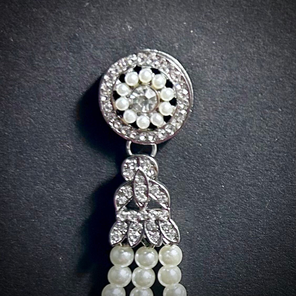 White Pearl & Rhinestone Tassel Earrings in Silver