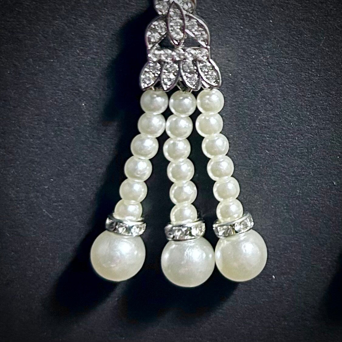 White Pearl & Rhinestone Tassel Earrings in Silver