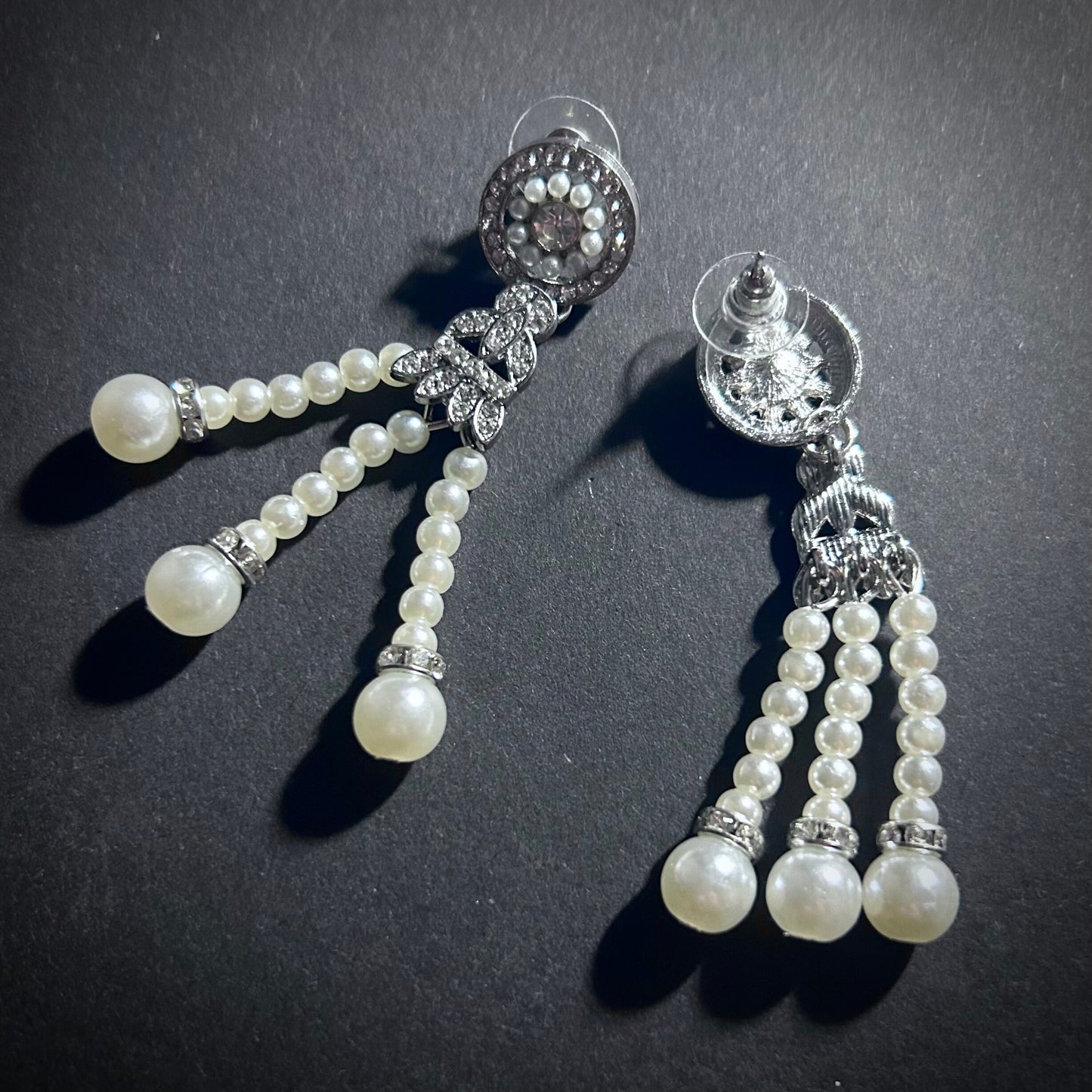 White Pearl & Rhinestone Tassel Earrings in Silver