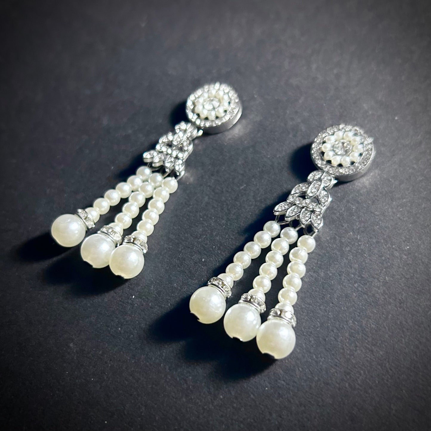 White Pearl & Rhinestone Tassel Earrings in Silver