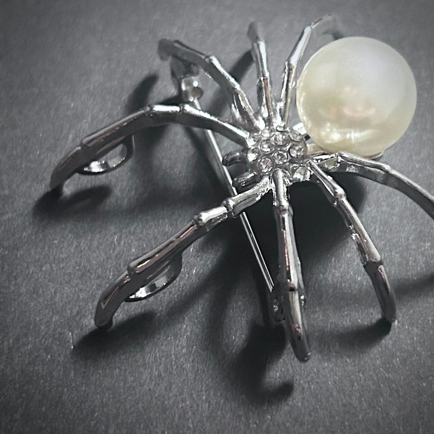 Spider Brooch & Pendant in Silver, White Pearl and Rhinestones