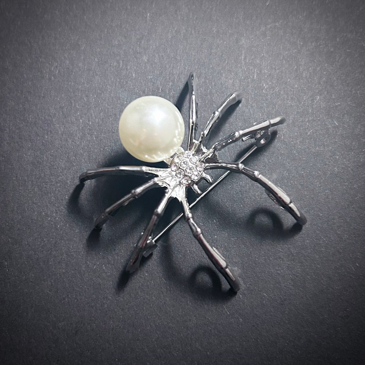 Spider Brooch & Pendant in Silver, White Pearl and Rhinestones