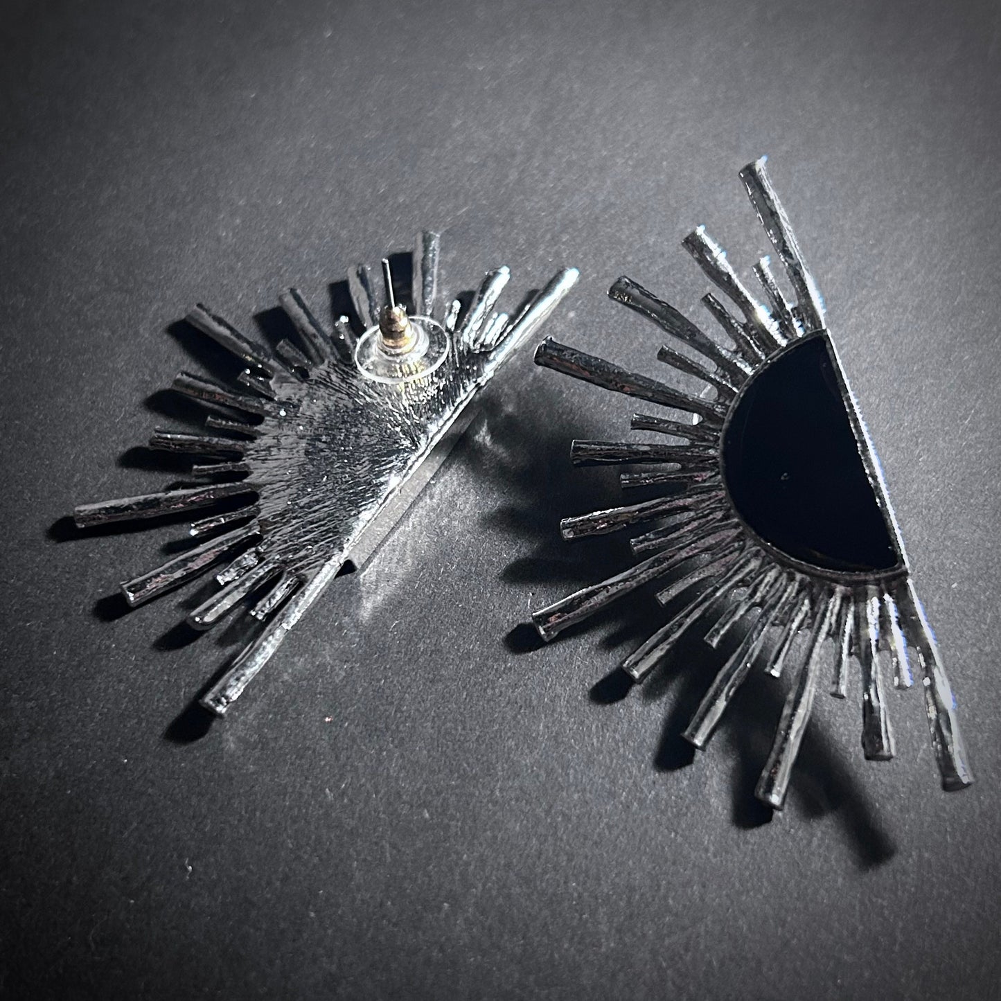 Black & Silver Sun Ray Fan Earrings