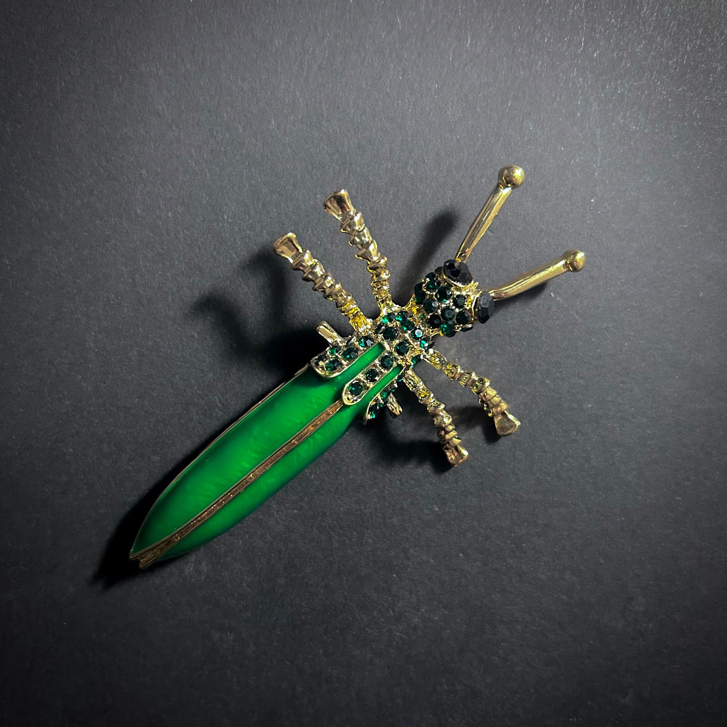 Grasshopper Green Enamel & Rhinestones Gold Brooch