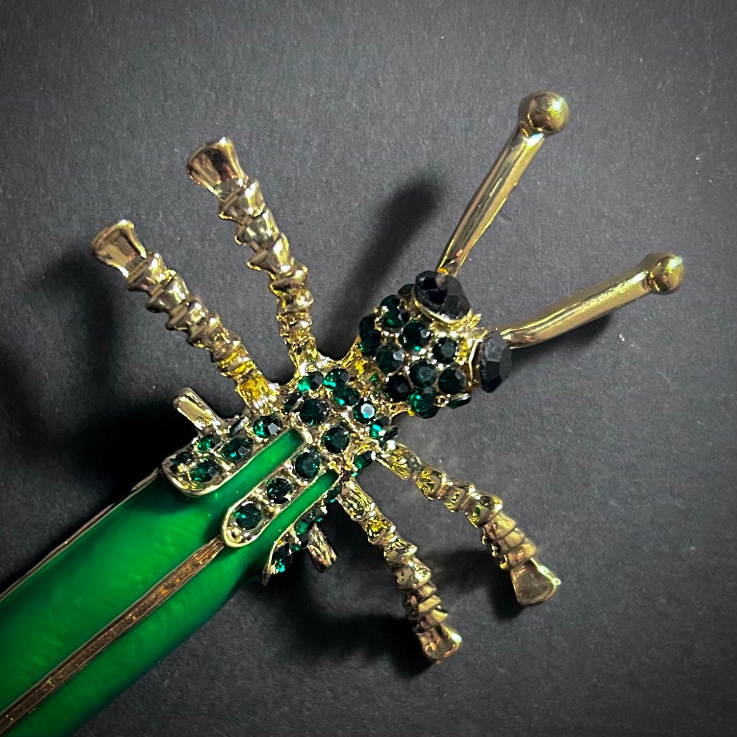 Grasshopper Green Enamel & Rhinestones Gold Brooch